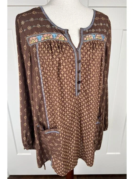 Krista Lee Tunic Top NWT S Boho Embroidered Beaded Brown Oversized Peasant Top - Picture 9 of 10